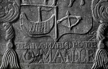 Clare Island, County Mayo, Ireland. 17 C. altar tomb detail of coat of arms of the O'Malleys. Grace...