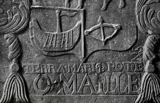 Clare Island, County Mayo, Ireland. 17 C. altar tomb detail of coat of arms of the O'Malleys. Grace O'Malley Irish pirate queen