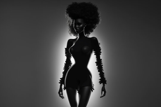 Black woman silhouette on black background, fictitious person. AI generated image
