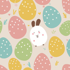 Flat Style Cute Cartoon Bunny Or Rabbit With Dotted Colorful Egg Shapes And Leaves Seamless Beige Background. Happy Easter Day Concept.