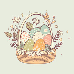 Vintage Style Easter Eggs Floral Basket On Grey Background. Happy Easter Day Concept.