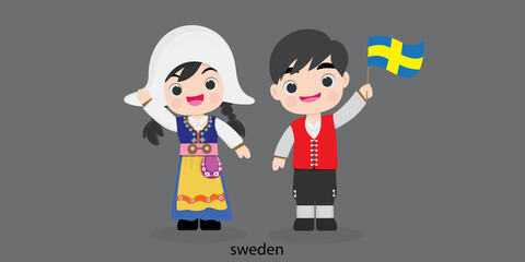 Obraz na płótnie Canvas sweden in dress with a flag. Man and woman in traditional costume. Travel to Latvia sweden . People.
