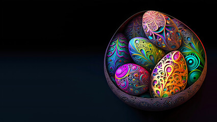 3D Render of Colorful Cloisonne Easter Eggs Bowl On Black Background And Copy Space. Happy Easter Day Concept.