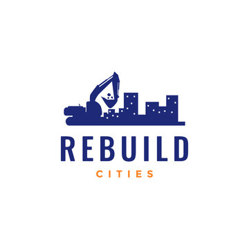 excavator rebuilding construction city apartment logo design vector icon