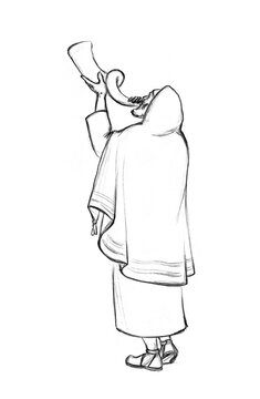 man blowing shofar, black and white clip art preview