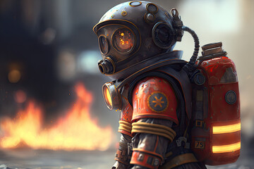 Heroic robot, android, droid, cyborg firefighter putting out hot flames, wearing uniform and mask.  Dangerous, gas masks, fire, red, orange, high temperature, war, battle, 