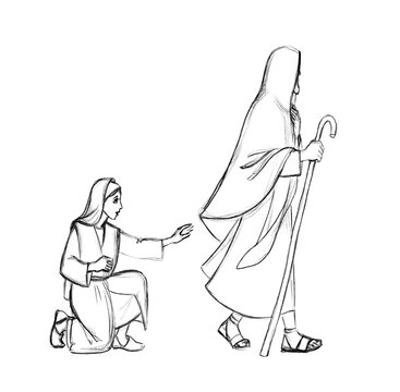 Pencil drawing. The woman touched the clothes of Christ, to be healed