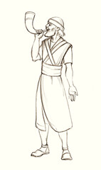 The warrior blows the trumpet. Pencil drawing