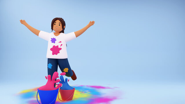 3D Render of Young Girl Character Running With Open Arms, Paint Buckets On Blue Background And Copy Space. Happy Holi Concept.