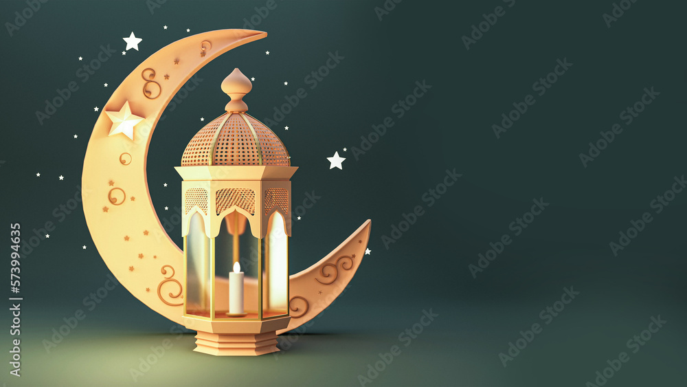 Poster 3D Render of Golden Crescent Moon With Illuminated Arabic Lantern On Green Background. Islamic Religious Concept.