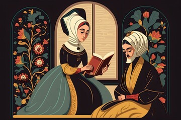 muslim mother teach her daughter praying salat and reading quran at home illustration vector, Generative AI