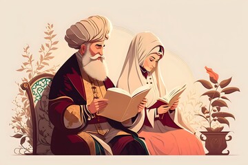 muslim mother teach her daughter praying salat and reading quran at home illustration vector, Generative AI
