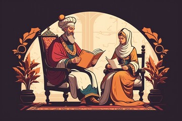 Fototapeta na wymiar couple muslim reading quran together at mosque, Generative AI