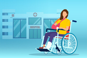 Vector of a sad woman with leg and arm fracture sitting in a wheelchair on a hospital background - obrazy, fototapety, plakaty