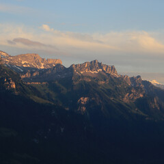 Mountains Roteflue and Loucherhorn at sunset, view from Planalp, Brienz.