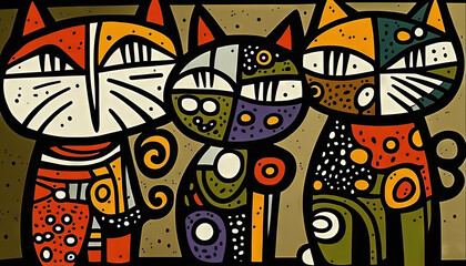  a painting of three cats standing next to each other on a brown background with white dots and lines on the bottom of the painting, and bottom half of the painting.  generative ai