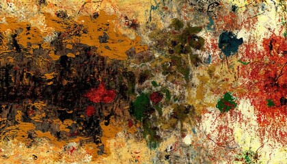  an abstract painting with many different colors and sizes of paint splattered on the surface.  generative ai