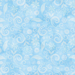 Vector seamless gentle easter blue floral pattern with vintage curls and flowers and bokeh