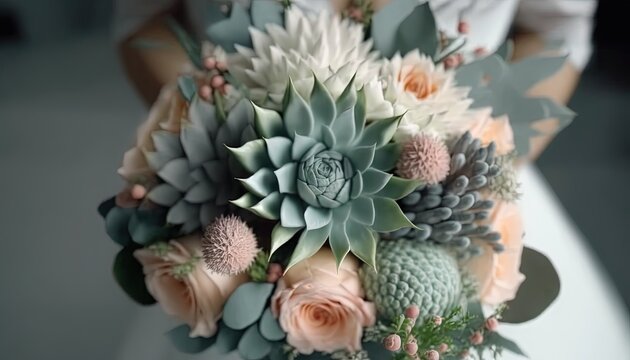  a bridal bouquet of succulents and flowers on a table top with a person holding a white and pink bouquet in the background.  generative ai