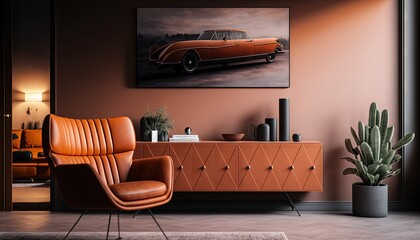  a living room with a chair and a painting of a car on the wall and a cactus in a pot on the floor next to the couch.  generative ai