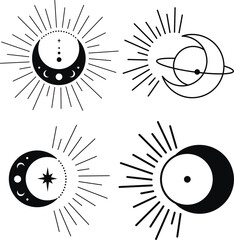 Bohemian Crescent Moon with Stars and Rays Astrology Illustration Set. Moon Phases SVG Vector Clipart. Celestial, Mystical, Esoteric designs perfect for Printing. T-shirt, Mugs, Cut Boards Cut File 