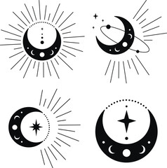 Bohemian Crescent Moon with Stars and Rays Astrology Illustration Set. Moon Phases SVG Vector Clipart. Celestial, Mystical, Esoteric designs perfect for Printing. T-shirt, Mugs, Cut Boards Cut File 