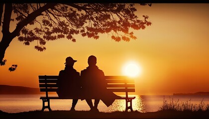 Fototapeta na wymiar two people sitting on a bench in front of a lake at sunset with the sun setting behind the two people sitting on the bench looking at the water. generative ai