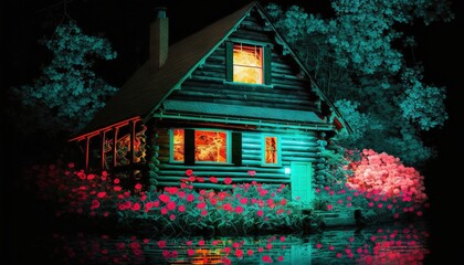  a painting of a log cabin with a pond and flowers in front of the cabin at night with the lights on and the water reflecting off.  generative ai