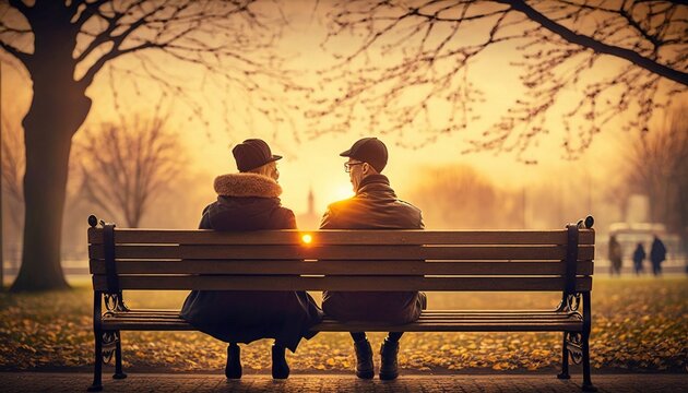  two people sitting on a bench in a park at sunset, with the sun shining through the trees behind them and the trees in the background.  generative ai