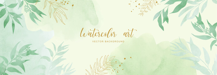 Green leaves horizontal banner. Wild herbs, eucalyptus leaves, line art on hand drawn splash background. Greenery and organic card or frame. Watercolor style card. Vector illustration.