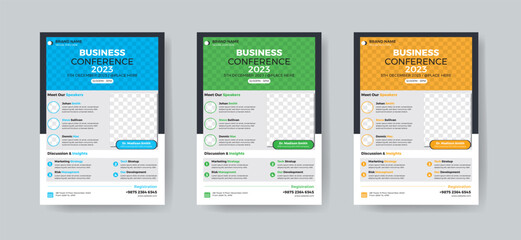Corporate annual conference or meetup promotion flyer template. Professional business poster design for company workshop & training. Marketing cover layout with official logo & geometric shape.