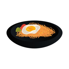 a black bowl with a noodle dish topped with an egg

