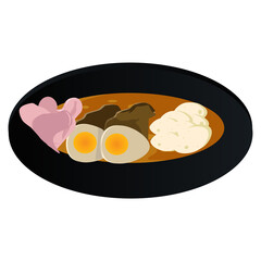 a black bowl with a dish complete with boiled eggs and others
