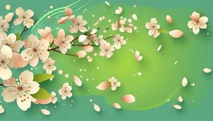  a green background with a bunch of white flowers on the branch of a tree with leaves and drops of water on the bottom of the branch.  generative ai