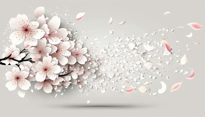  a bunch of flowers that are flying in the air on a gray background with a white and pink flower in the middle of the image.  generative ai