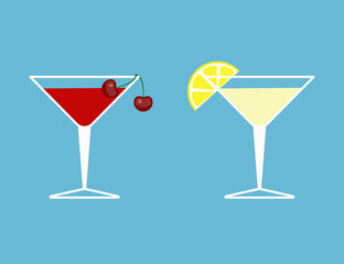 Two cocktails with cherries and lemon