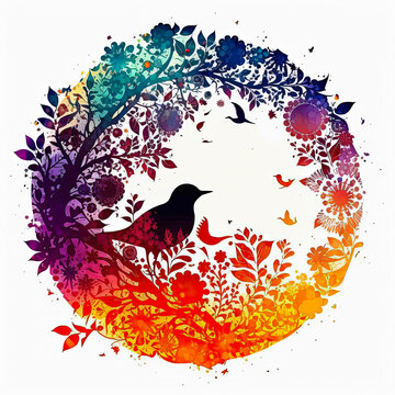 Modern design with flowers and bird silhouette for t-shirt printing design and various uses, on white background, generative ai