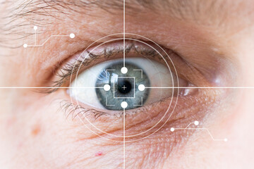 Eye monitoring and eye scan. Biometric virtual scan of male eyes close up.