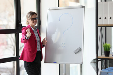 A happy woman in the office stands a white board, close-up