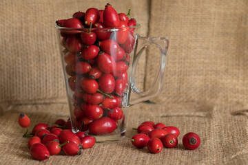 Ripe rose hips harvested for making preserves for the winter, close-up. Healthy eating.