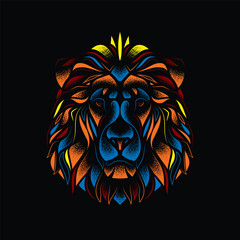 Abstract lion with a crown on his head. Original vector illustration. T-shirt design.м