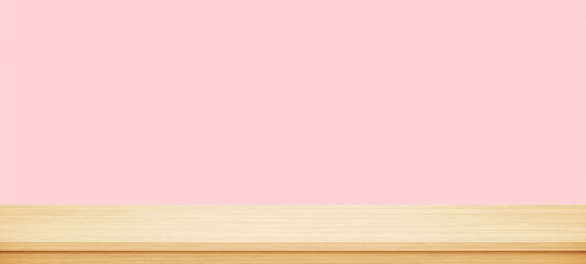 Empty brown wood table top on pink background. Template mock up for display of product