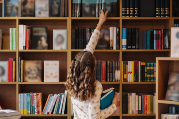 Teen girl among a pile of books. A young girl holding books with shelves in the background. She is...