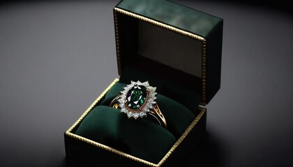  a ring in a box with a green ribbon around the band and a diamond center surrounded by a green velvet ring box with a gold band.  generative ai