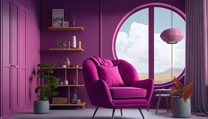  a purple room with a round window and a purple chair in front of a table with a potted plant and a potted plant.  generative ai