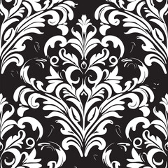 Elevate your space with our classic black and white damask wallpaper, featuring beautiful curling leafs and ornamental elements. This timeless design will add a touch of elegance and luxury