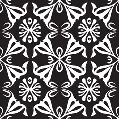 Beautiful retro floral damask pattern with intricate tracery and ornamental curves in monochrome, perfect for luxury print and textile design. The repeating tile is a stunning blend of vintage