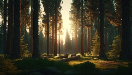  the sun is shining through the trees in a forest of tall pines and firs in the foreground is a log laying on the ground in the foreground.  generative ai