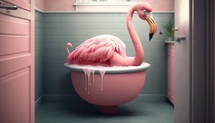  a pink flamingo in a bathtub with a banana in it's beak and water dripping from its beak, in a bathroom.  generative ai