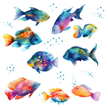 Watercolor fishes set . Flame angelfish, Copperband Butterflyfish, Purple mask angelfish, Zebra angelfish, Blue Tang, Betta splendens, Lion, Yellow tang, Mandarine, Trigger, Red discus